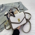 Chic white lychee leather crossbody bag with gray trim and silk scarf handle detail - Grey and White