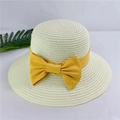 Detail of beige woven straw hat featuring a yellow striped ribbon bow for sun protection - M (56-58cm) With Wind Rope / Creamy White