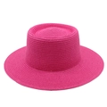 Detailed view of the woven texture and recessed crown on the rose pink straw boater hat - M (56-58cm) / Rose Red