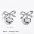 Polished silver stainless steel bow earrings with heart pendants in a 2.7x1.92cm size - Silver Bowknot Heart Drop (BYED240613-3)