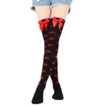 Detail of black over-knee socks with red lip prints and decorative bows for women - One Size / Black Socks With Red Lip Print And Red Bow