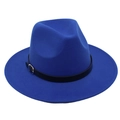 Detail of Klein blue fedora wool hat with black leather strap and silver buckle - One Size / Sapphire Blue
