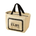 Beigefarbene isolierte Lunchtasche mit schwarzen Griffen und Vintage-Text im 45-Grad-Winkel - Creme-Buchstaben