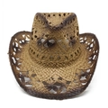 Western hollow-out woven straw cowboy hat in tan with dark gradient burnt edge details - M(56-58cm) / Khaki+Brown