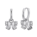 Minimalist S925 sterling silver bow drop hoop earrings for women with high polish finish - Silver Bowknot Dangle Earrings (SE412-P)