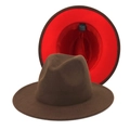 Vintage brown and red dual-color wool felt fedora jazz hat with wide brim and interior label - M (56-58cm) / Dark Brown Outer Red Inner