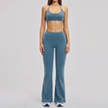 Women's gray-blue yoga set with halter neck sports bra and high-waist flared pants - 3109 Bra + 3109 Flare Pants - Cosmic Blue
