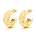 French vintage style C-shaped gold hoop earrings with textured diamond lattice pattern - Style G Grid Texture C-Shape (KE110097-KFC)