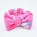 Pink coral fleece headband with cartoon prints and soft plush bow for face washing - Rose Red Strawberry