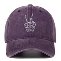 Detailed macro view of Good Vibes bone gesture embroidery on purple washed cotton cap - One Size / Purple