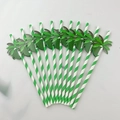 Striped paper straws with green palm leaf decorations for tropical party cocktails - Coconut Tree Straw