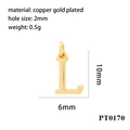 Detailed specs of letter L pendant in gold plated copper measuring 10mm by 6mm - Letter L