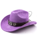 Detail of purple faux suede cowboy hat with eagle buckle and silver floral studs - M (56-58cm) / Taro Purple