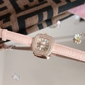 Montre carrée luxe pour femme en or rose avec diamants et bracelet en cuir rose élégant - Rose Boîtier Or Rose