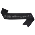 Sparkling black fabric Birthday Girl sash with silver glitter crown and star icons - Birthday Girl / Black Glitter