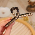 Elegant dark coffee tortoise hair claw with champagne pearls and amber rhinestones - Pearl & Rhinestone Linked Decoration 11CM