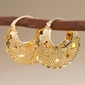 Golden hollow heart hoop earrings with intricate laser cut floral patterns and wave edges - E4519 Fan Shaped Hoop Hollow / Gold Tone