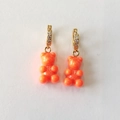 Orange gummy bear earrings with gold rhinestone encrusted hoops for women - Glitter Star Orange