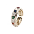 Schicker vergoldeter Ring mit bunten Edelsteinen und weißen Emaille-Herzmotiven - Weiß