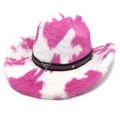 Chapeau de cowboy en peluche imprimé vache rose avec emblème de taureau et bande en cuir - M (56-58cm) / Couronne Droite Rose Rouge