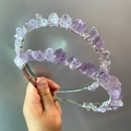 Handcrafted headband featuring raw purple amethyst crystals wrapped on a slim metal base - Amethyst Silver Wire Silver Headband