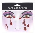 Detail of Halloween face stickers with red glitter blood drips and spider web patterns - Red Rhinestone Blood Tears