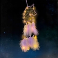 Purple unicorn dream catcher with soft feathers and warm LED lights for wall decor - Pink & White