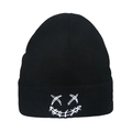 Black knit beanie with white embroidered street style face on a clean white background - M (56-58cm) / Black