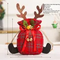Christmas reindeer antler linen gift bag with red plaid pattern and gold bell detail - Antler Plaid Fabric Apple Bag (Red Grey)
