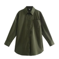 Women's loose olive green long sleeve cotton button-up shirt with functional pockets - S / Army Green