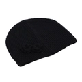 Detail of black ribbed knit beanie featuring a crochet flower ornament for winter warmth - Black