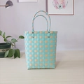 Handwoven checkered bucket bag in light blue and beige with silver rivet details - Large / Sea Salt Blue