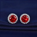 Elegant silver stud earrings featuring red round-cut gemstones and sparkling halo pavé - Red Diamond [one Carat] Xl-80