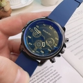 Men's fashion quartz watch with blue silicone strap and gold-accented black round dial - Blue