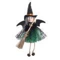 Handgemachte Halloween-Hexenpuppe mit grünem Spinnennetzrock und Strohbesen Deko - Besen Gazerock Hexe / Grün