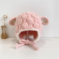 Pink knit baby winter hat with plush earflaps, soft lining and cute animal ears - Plush Lamb [Pink]