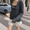Cardigan da donna grigio scuro a trecce con scollo a V e bottoni a manica lunga - S / grigio scuro
