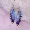 Macro view of gradient purple cicada wing earrings with rhinestones and silver hooks - Noble Blue Purple Rhinestone-Silver