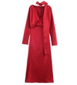 Detail eines roten Satinkleides mit tiefem V-Ausschnitt und eleganten Seidenschals - XS / Rot