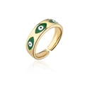 Detailansicht vergoldeter offener Ring mit drei grünen Emaille-Motiven des bösen Blicks - Einstellbar Offen / Dunkelgrün