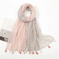 Floral print linen scarf in pink and grey patchwork with decorative tassels - Xb773 / 180*90CM