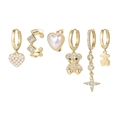Detailed view of a 6-piece gold earrings set featuring stars, moons, and bears - Bear Heart Pearl 6-Piece Set
