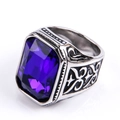 Men's stainless steel ring featuring a large purple rectangle gemstone with vintage engraving - US 7 / Vintage Silver Tone (Blue Rhinestone)