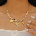Bohemian gold starfish and conch shell necklace with colorful natural stone beads for women - KC Gold Stones (7406)
