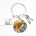 Silver ballet keychain featuring glass dome dancer pendant and ballet shoes charm - Style 19