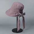Lilac sun hat with wide wavy brim and large bow accent for outdoor ponytail protection - M (56-58cm) / Purple