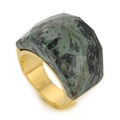 18K gold plated wide band ring featuring a multifaceted dark green stone with black texture - US 6