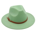 Detailed view of the light mint green fedora hat with a brown faux leather belt and buckle - M (56-58cm) / Green