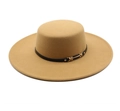 Elegant camel wool felt flat top boater hat with black PU band and gold metal buckle - M (56-58cm) / Camel