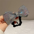 Close-up of sparkling rhinestone bow hair tie with high-elastic black cord and bead - Style A Scrunchie / AB Color